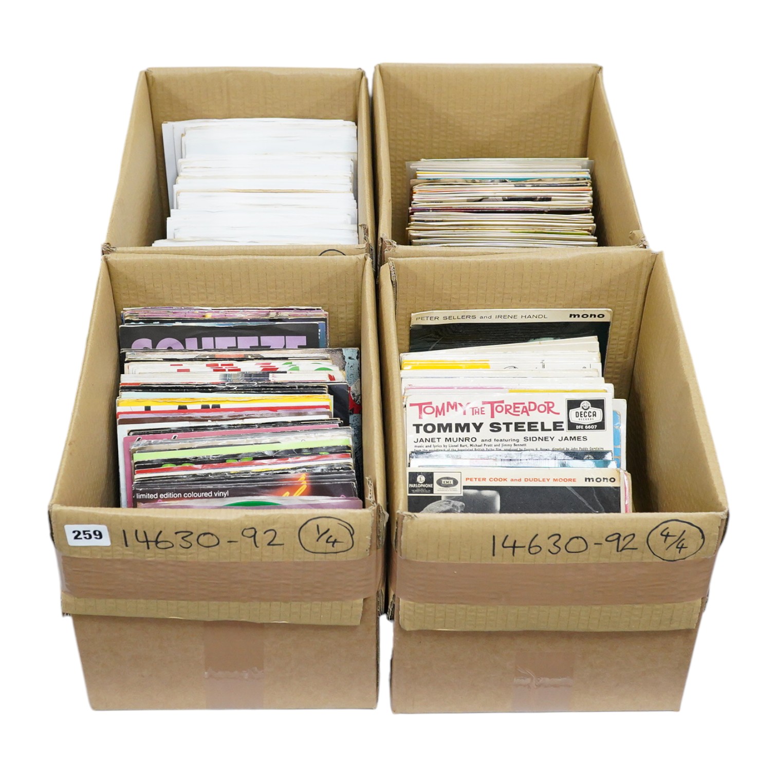 Four boxes of 7 inch singles, labels include; Coral, Parlophone, RCA, HMV, Columbia, etc. artists include; Dolly Parton, Gene Simmons, Alice Cooper, Ultravox, Motorhead, Dr. Feelgood, Buddy Holly, the Crickets, Manfred M